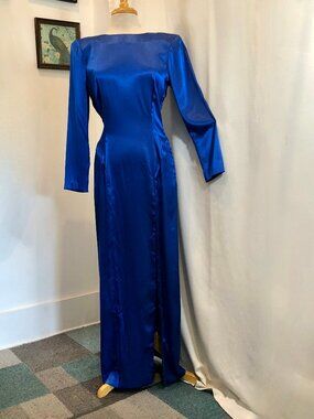 Vintage 1980s Royal Blue Satin Dress by Cherie Lee High Slit Size Medium